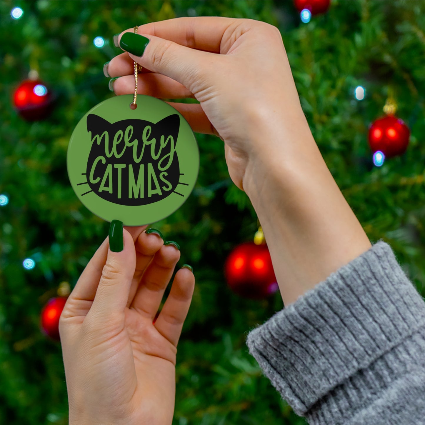 Merry Catmas Cat Shadow Christmas Ceramic Ornament