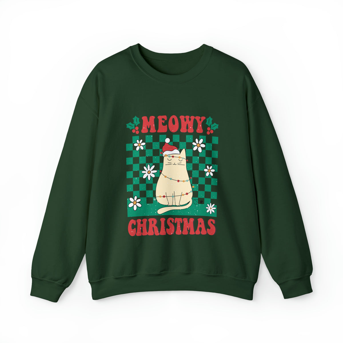 Meowy Christmas Cat In Christmas Lights Green Ugly Sweater Sweatshirt