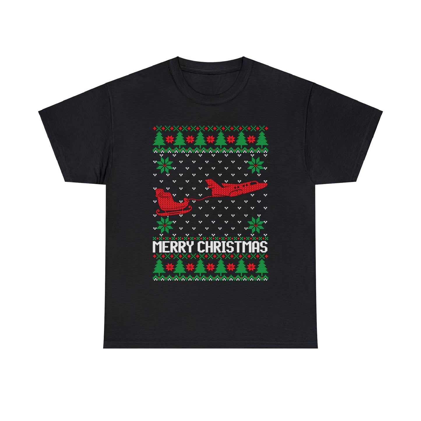 Santa's Sleigh Pulled by Airplane Ugly Christmas Sweater Short Sleeve Tee