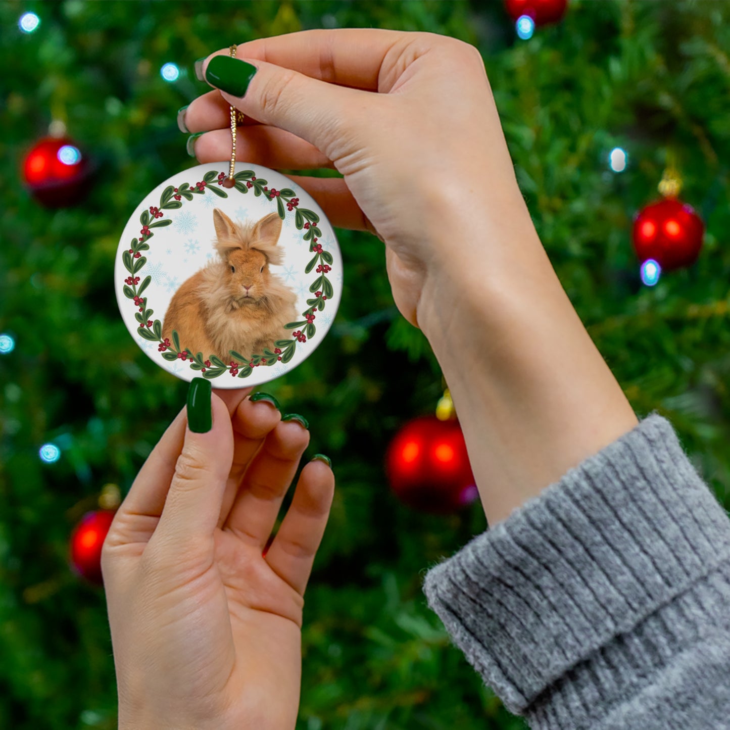 Lionhead Rabbit Bunny Christmas Ceramic Ornament