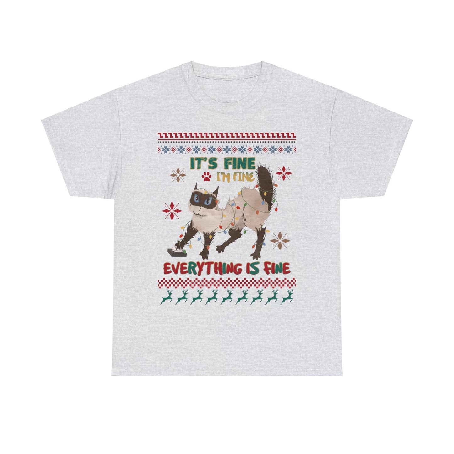 It's Fine I'm Fine Everything is Fine Cat in Lights Christmas Ugly Sweater Short Sleeve Tee