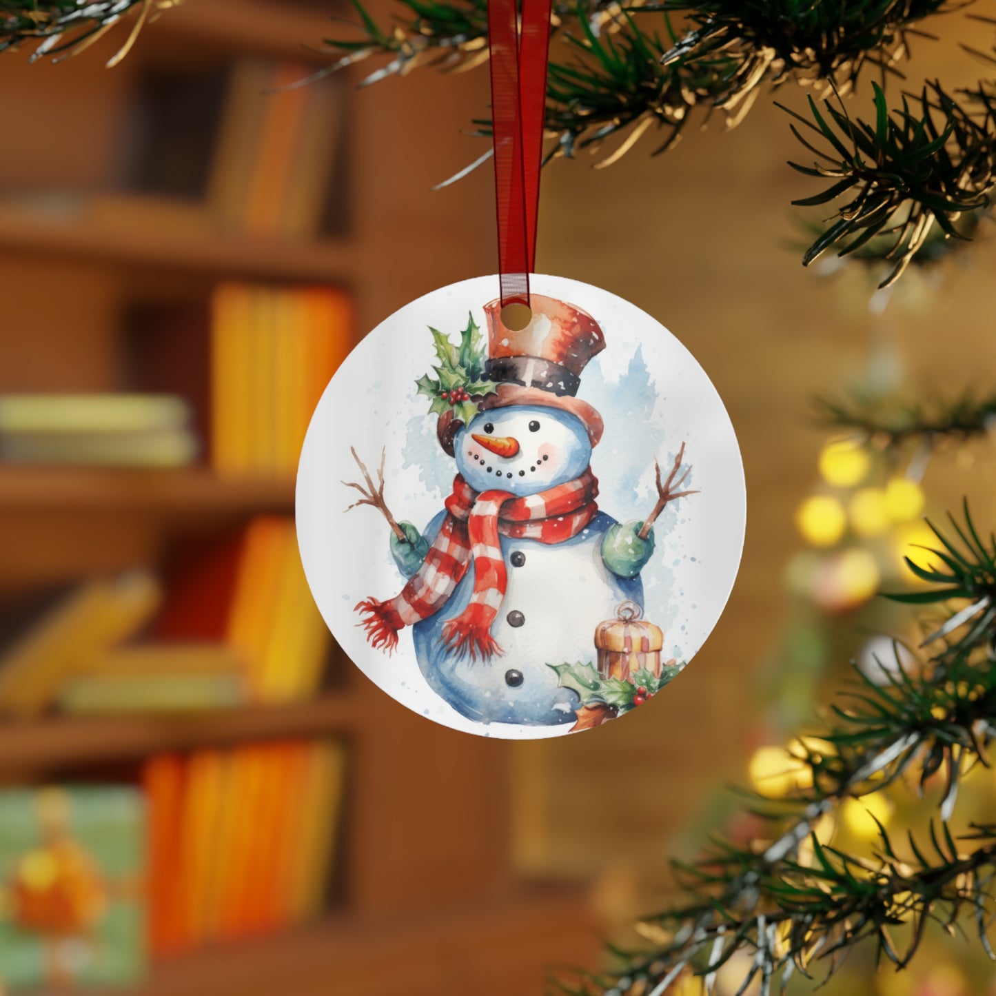 Snowman in Red with Holly Ornament