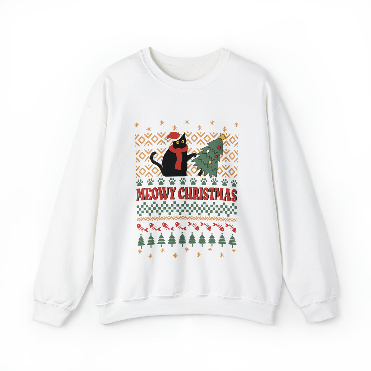 Meowy Christmas Cat Tipping Over Tree Ugly Sweater Sweatshirt