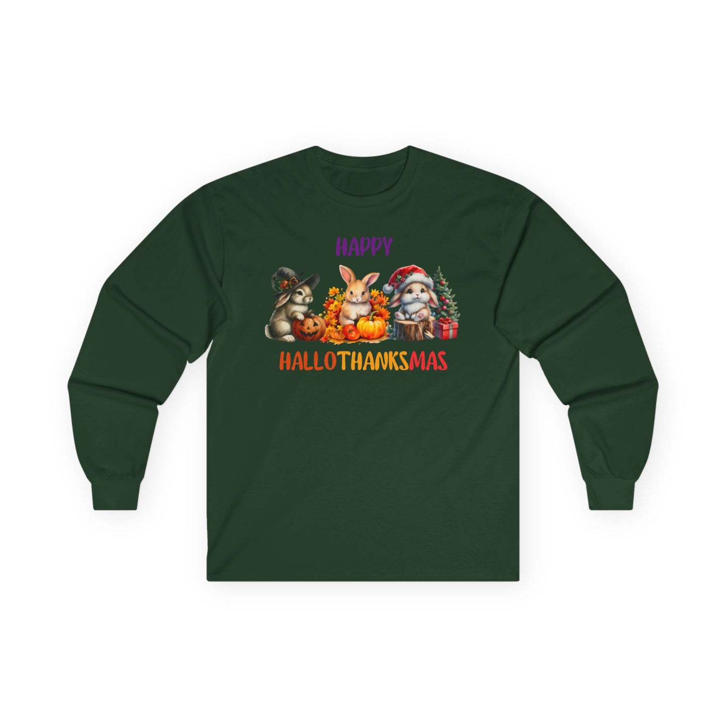 Hallothanksmas Rabbits Halloween Thanksgiving Christmas Long Sleeve T-Shirt