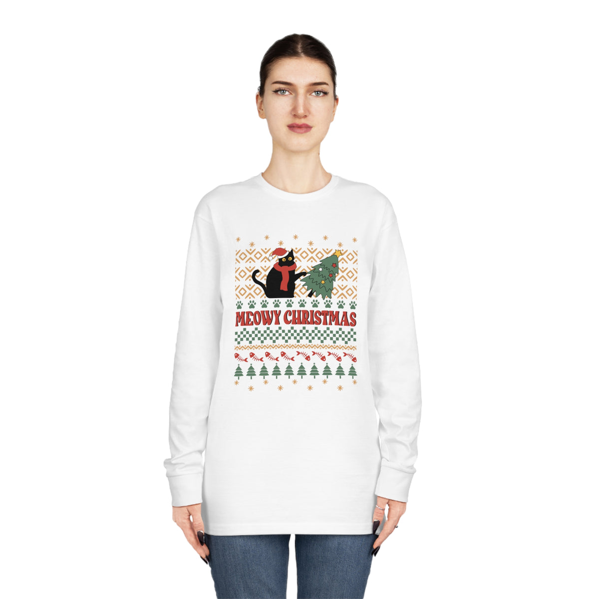 Meowy Christmas Cat Tipping Over Tree Ugly Sweater Long Sleeve Tee