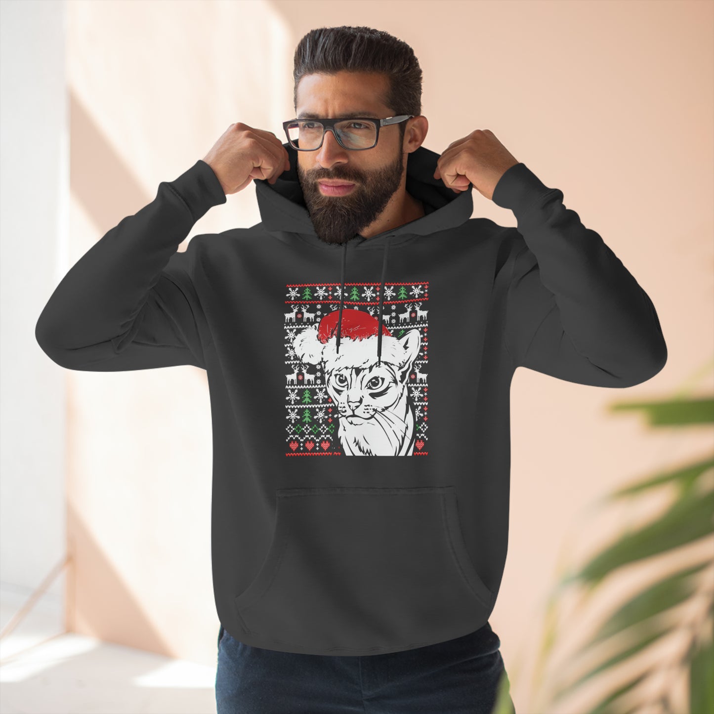 Cat in Santa Hat Christmas Ugly Sweater Pullover Hoodie