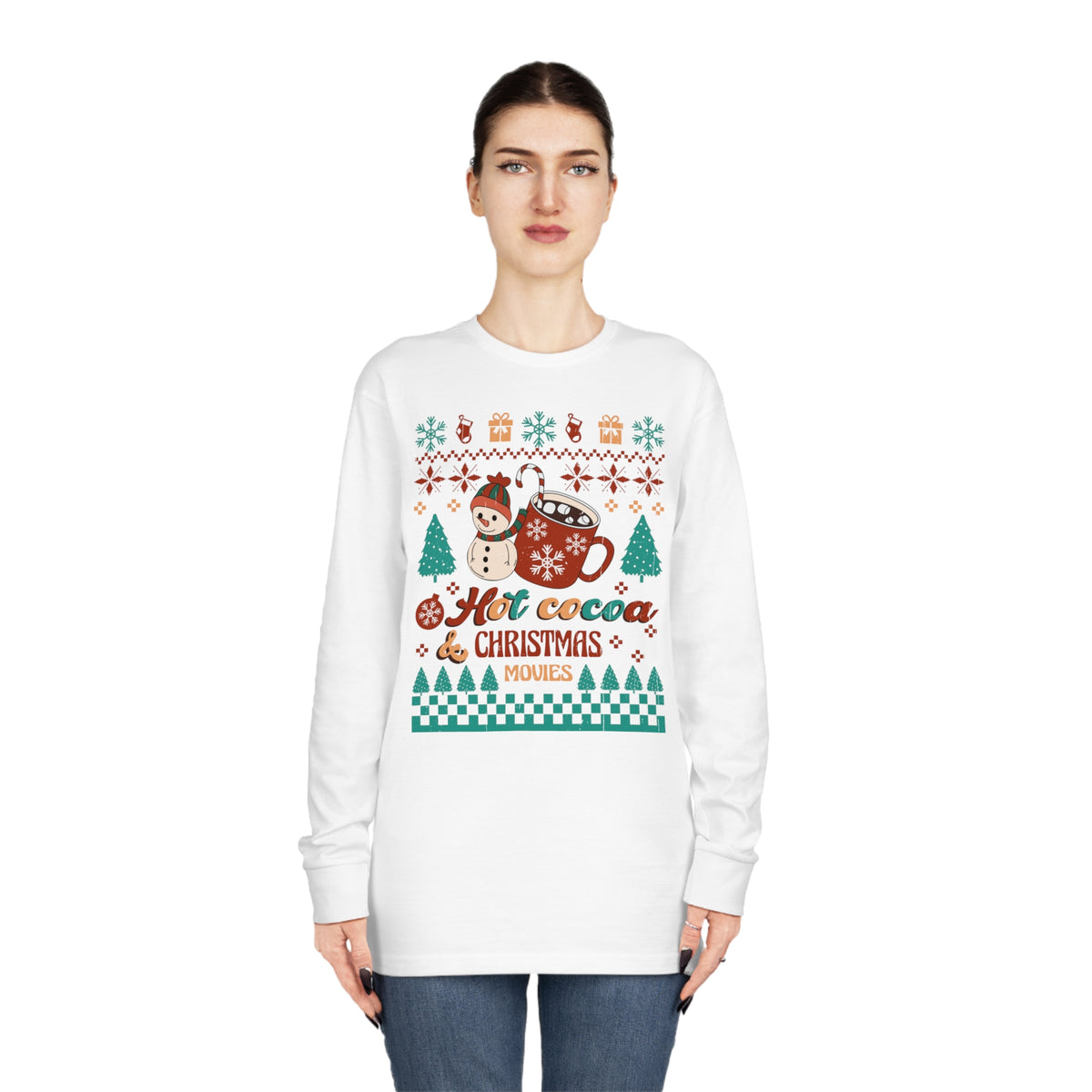 Hot Cocoa Christmas Movies Ugly Sweater Long Sleeve Tee