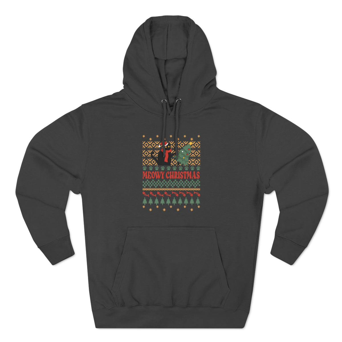Meowy Christmas Cat Tipping Over Tree Ugly Sweater Pullover Hoodie