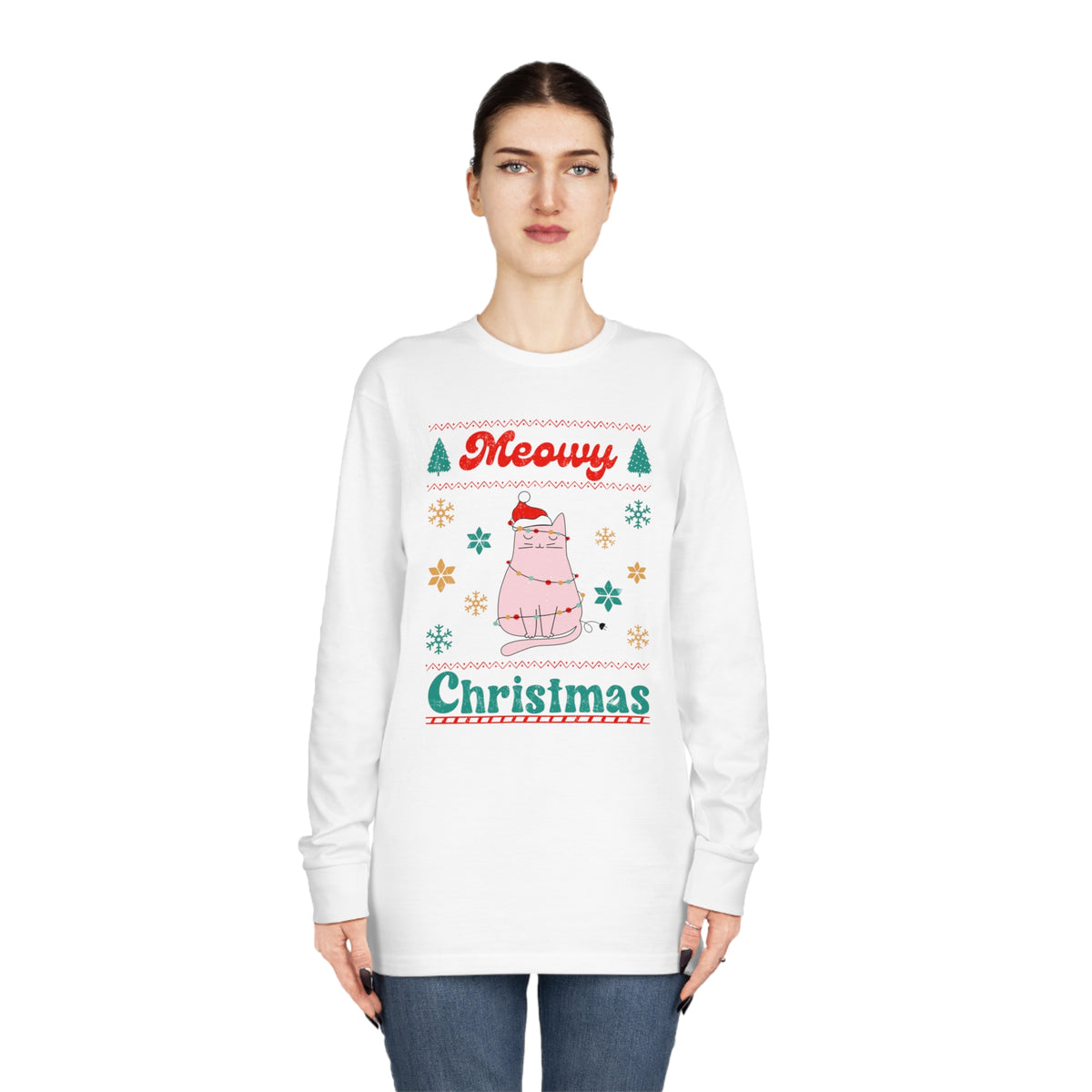 Meowy Christmas Cat In Christmas Lights Ugly Sweater Long Sleeve Tee