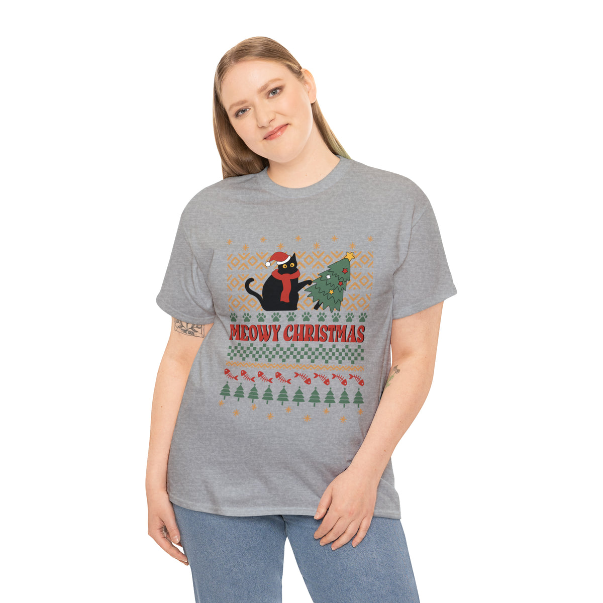 Meowy Christmas Cat Tipping Over Tree Ugly Sweater Short Sleeve Tee
