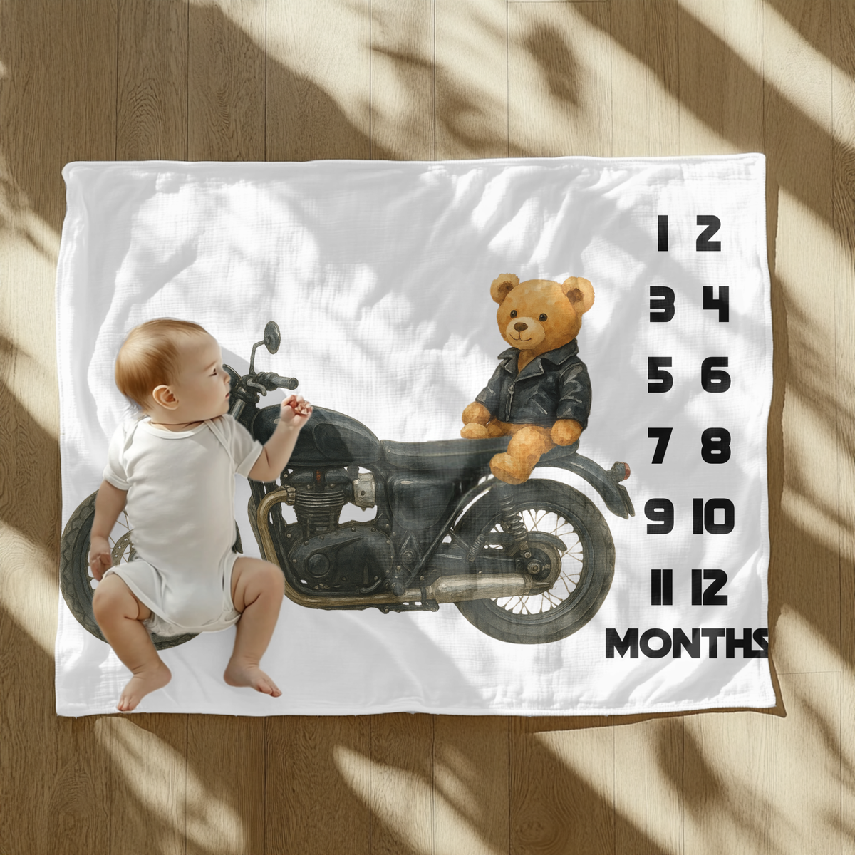Motorcycle Bear Milestone Velveteen Plush Blanket Baby Shower Gift