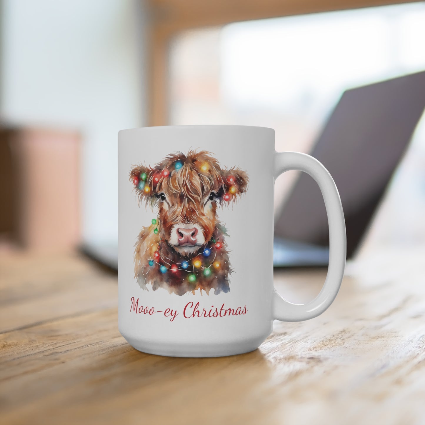 Highland Cow in Christmas Lights Mooo-ey Christmas Mug 15oz