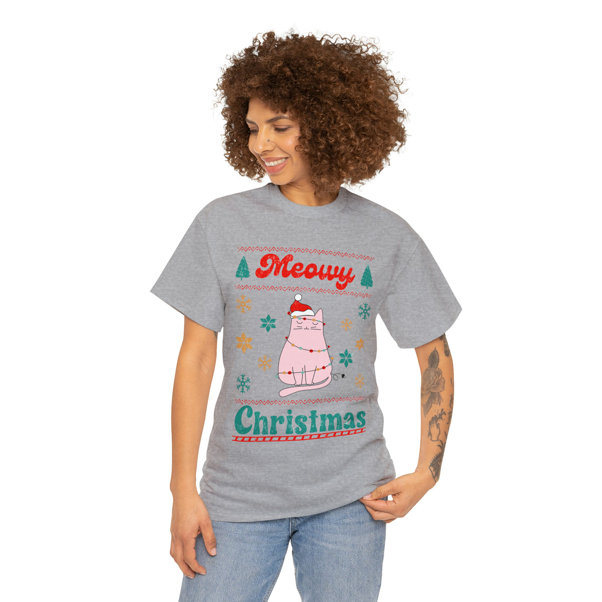 Meowy Christmas Cat In Lights Ugly Sweater Short Sleeve Tee