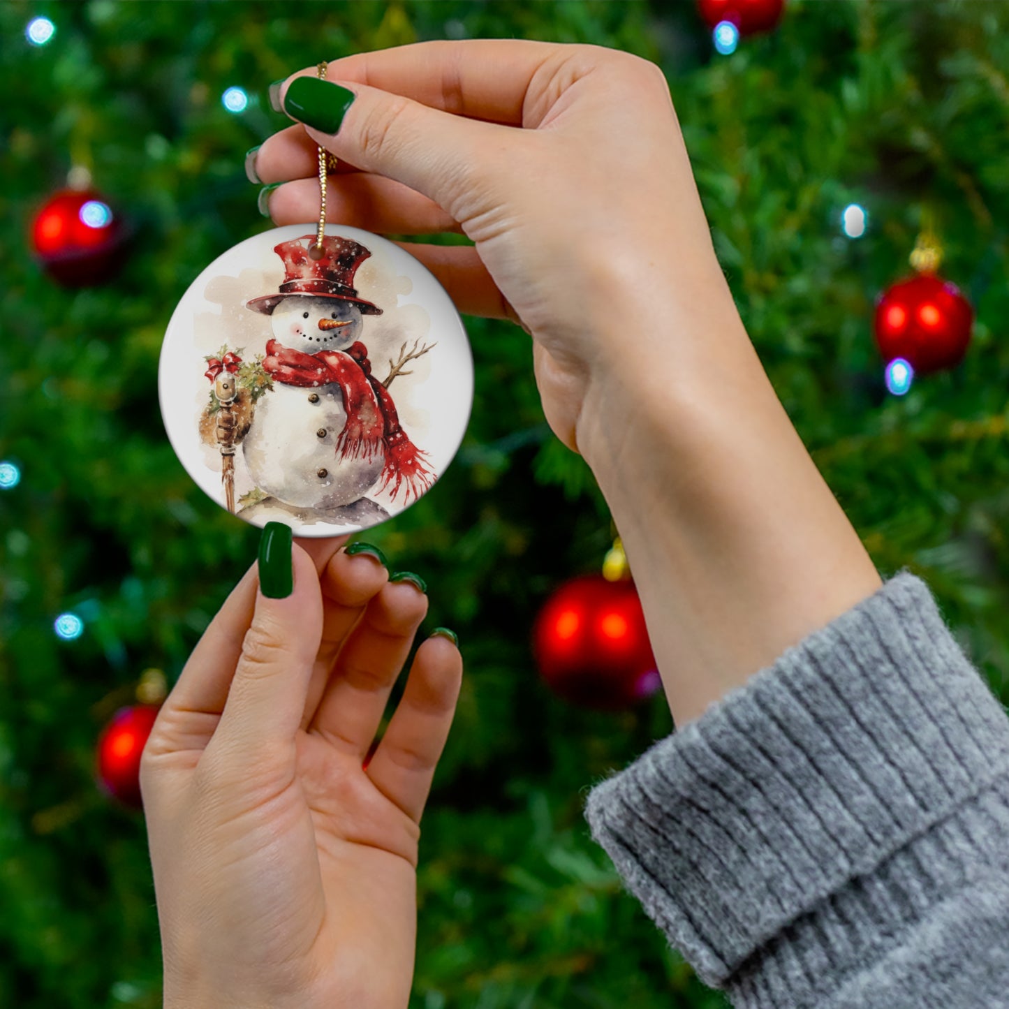 Snowman in Red Christmas Ceramic Ornament