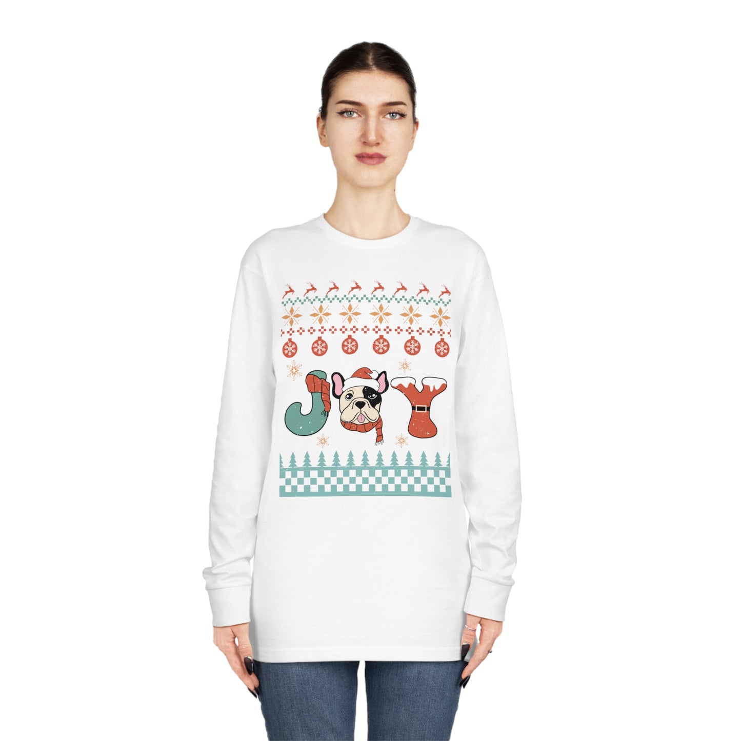 Joy French Bulldog Frenchie Dog Christmas Ugly Sweater Long Sleeve Tee