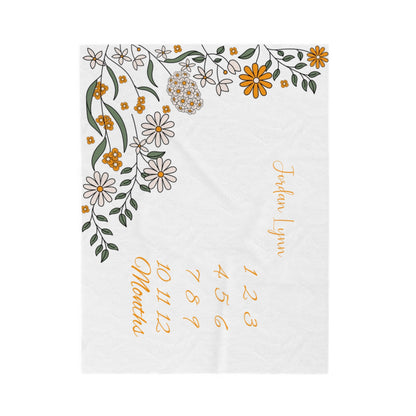 Personalized Orange Floral Velveteen Plush Blanket