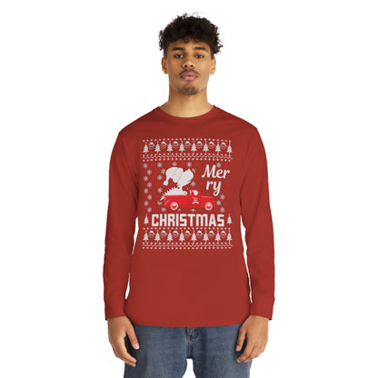 Dinosaur in Red Truck Merry Christmas Ugly Sweater Long Sleeve T-shirt