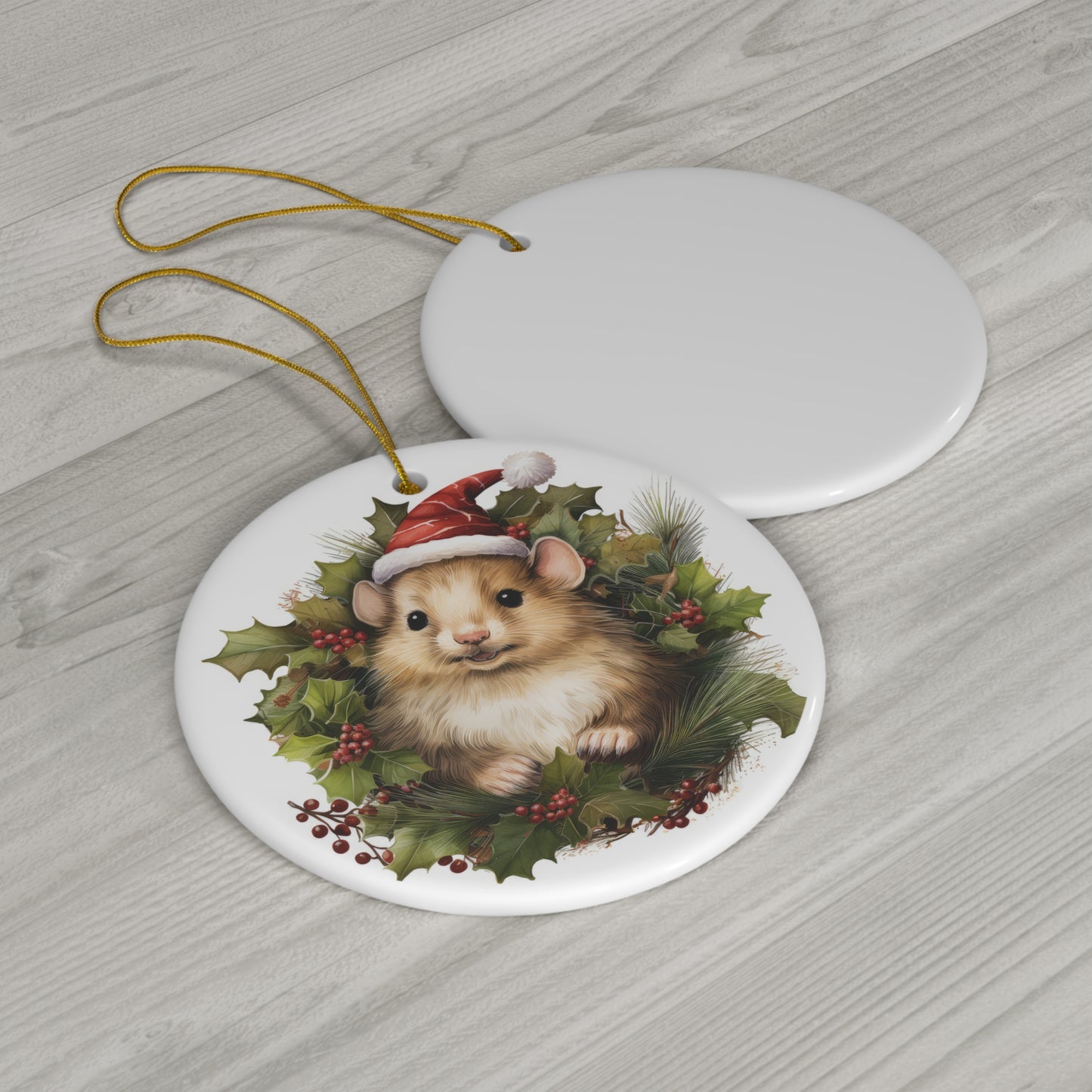 Mouse Wreath Christmas Ceramic Ornament