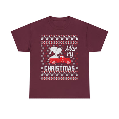 Dinosaur in Red Truck Merry Christmas Ugly Sweater Short Sleeve Tee