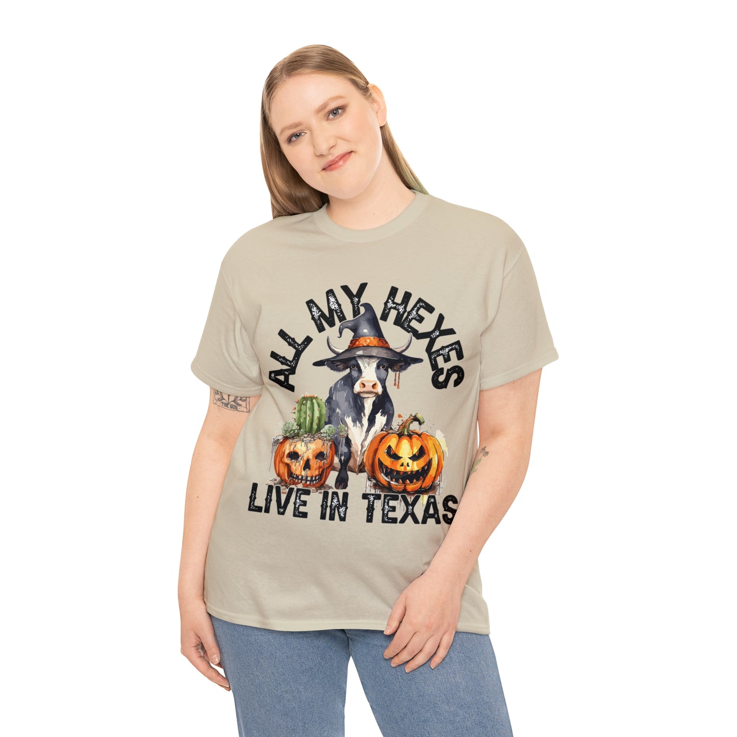 All My Hexes Live In Texas Cow With Pumpkins Halloween Short Sleeve Tee