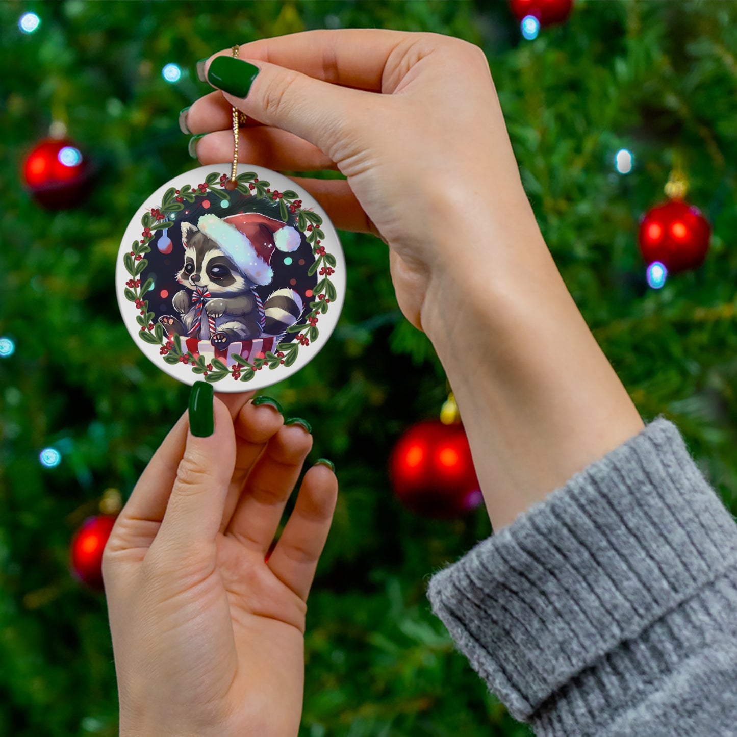 Raccoon in Santa Hat Christmas Ceramic Ornament