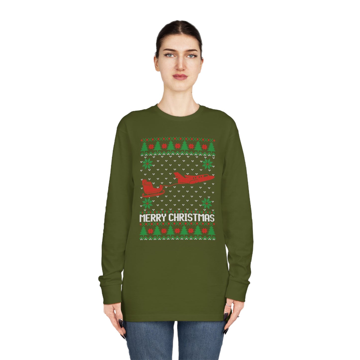 Santa's Sleigh Pulled by Airplane Ugly Christmas Sweater Long Sleeve T-shirt