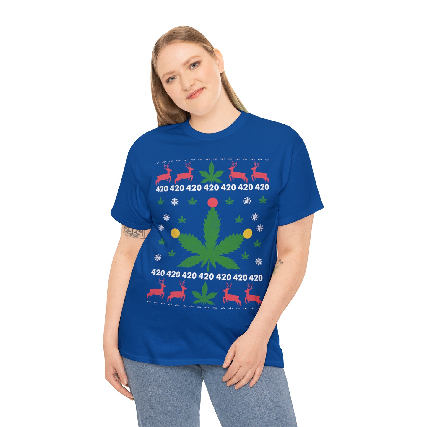 Cannabis Leaf with Lights Christmas Ugly Sweater Short Sleeve Tee