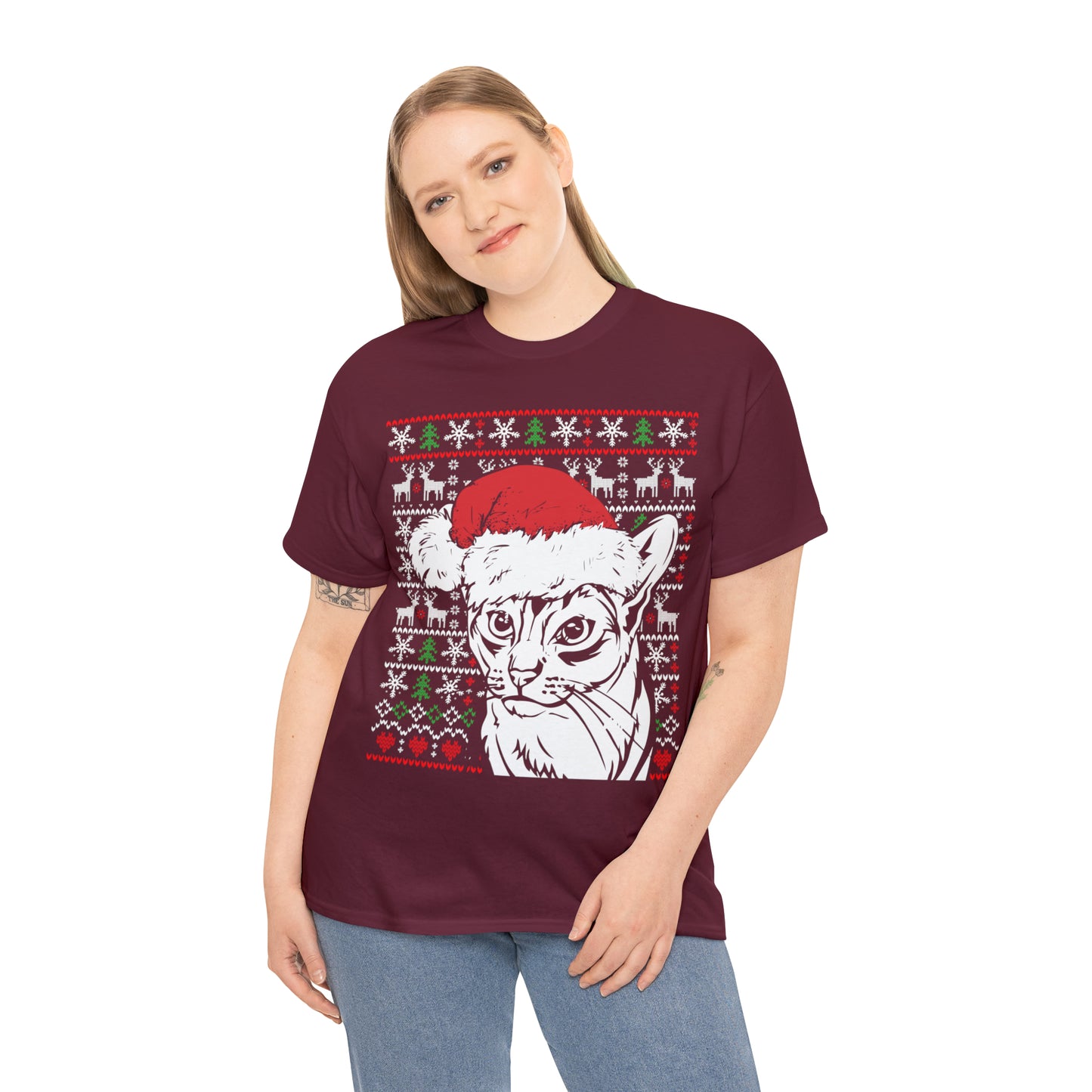 Cat in Santa Hat Christmas Ugly Sweater Short Sleeve Tee