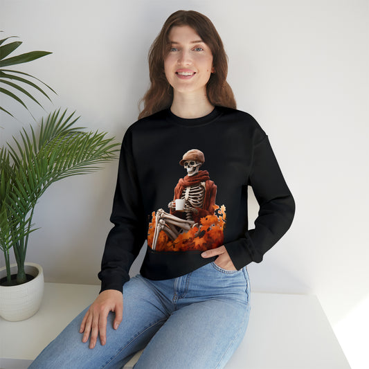 Skeleton in Fedora Sitting With Fall Leaves Halloween Sweatshirt