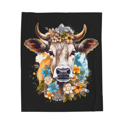 Cow Head with Flowers Blanket