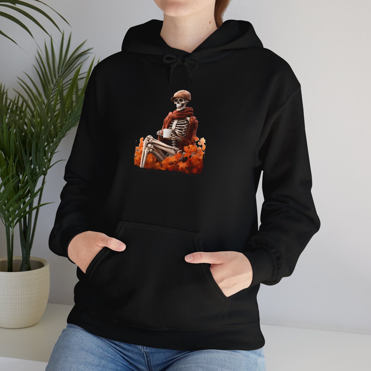 Skeleton in Fedora Sitting With Fall Leaves Pullover Hoodie