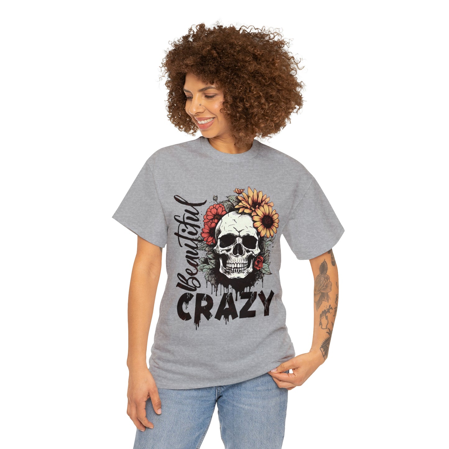 Beautiful Crazy Skull With Flowers Halloween Short Sleeve Tee