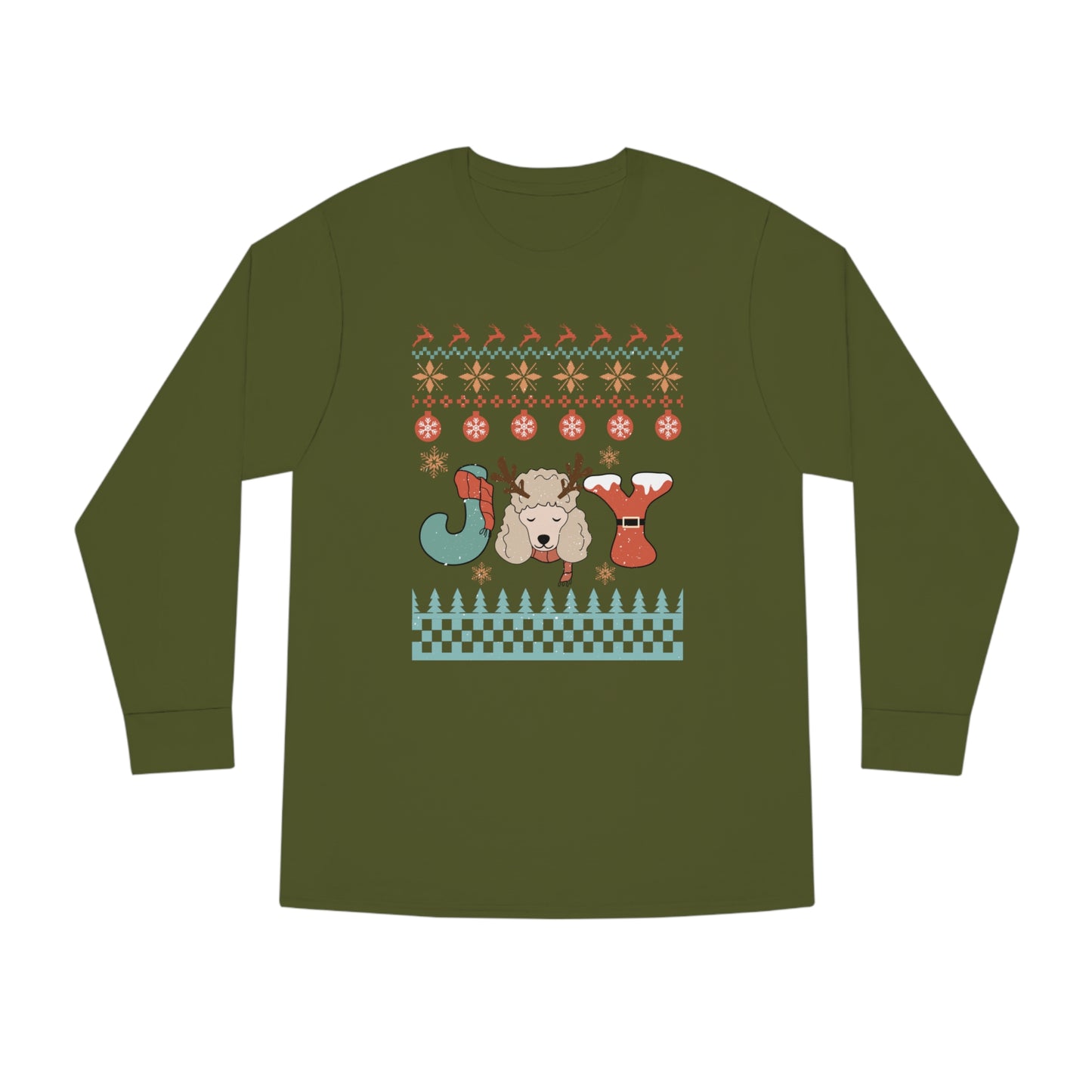 Joy Miniature Poodle Dog Christmas Ugly Sweater Long Sleeve Tee