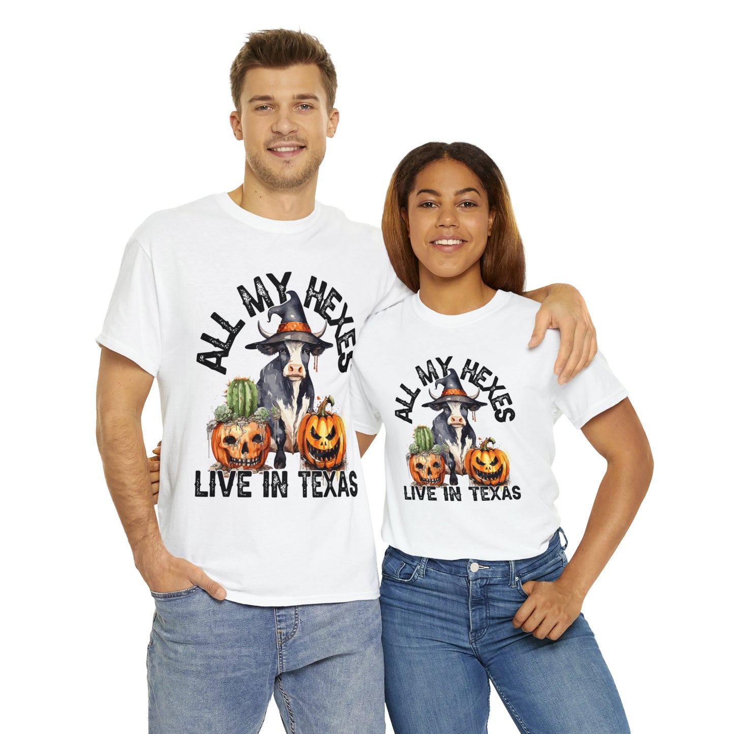 All My Hexes Live In Texas Cow With Pumpkins Halloween Short Sleeve Tee