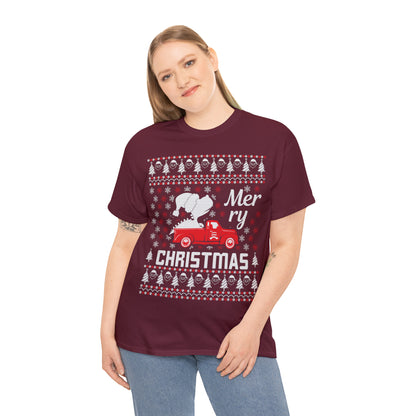 Dinosaur in Red Truck Merry Christmas Ugly Sweater Short Sleeve Tee