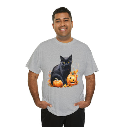 Black Cat with Pumpkin Halloween Short Sleeve Tee