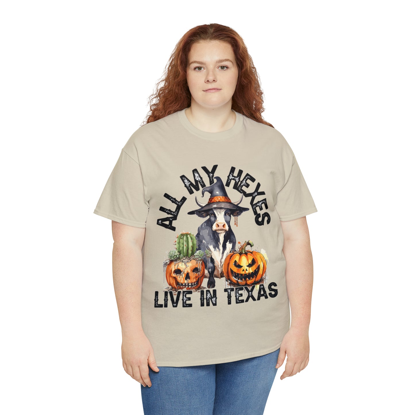 All My Hexes Live In Texas Cow With Pumpkins Halloween Short Sleeve Tee