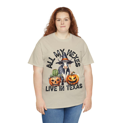 All My Hexes Live In Texas Cow With Pumpkins Halloween Short Sleeve Tee