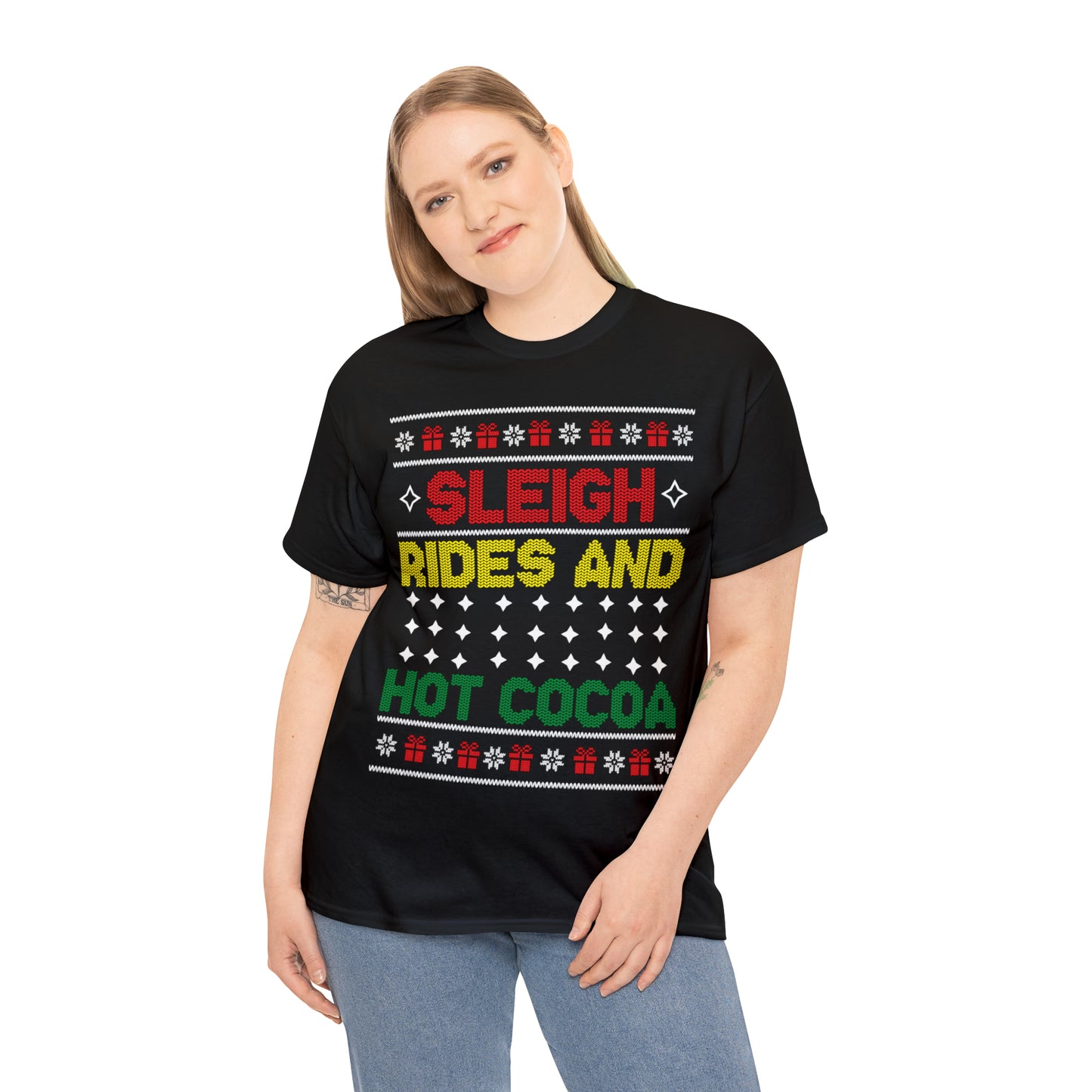 Sleigh Rides and Hot Cocoa Christmas Ugly Sweater Short Sleeve Tee