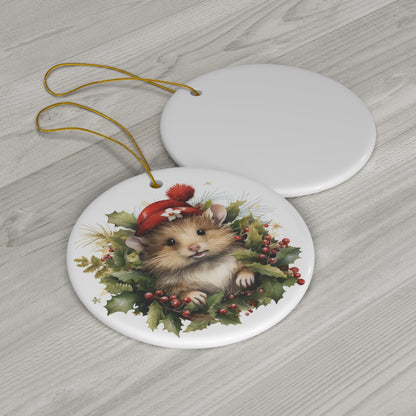 Mouse in Holly Christmas Ceramic Ornament