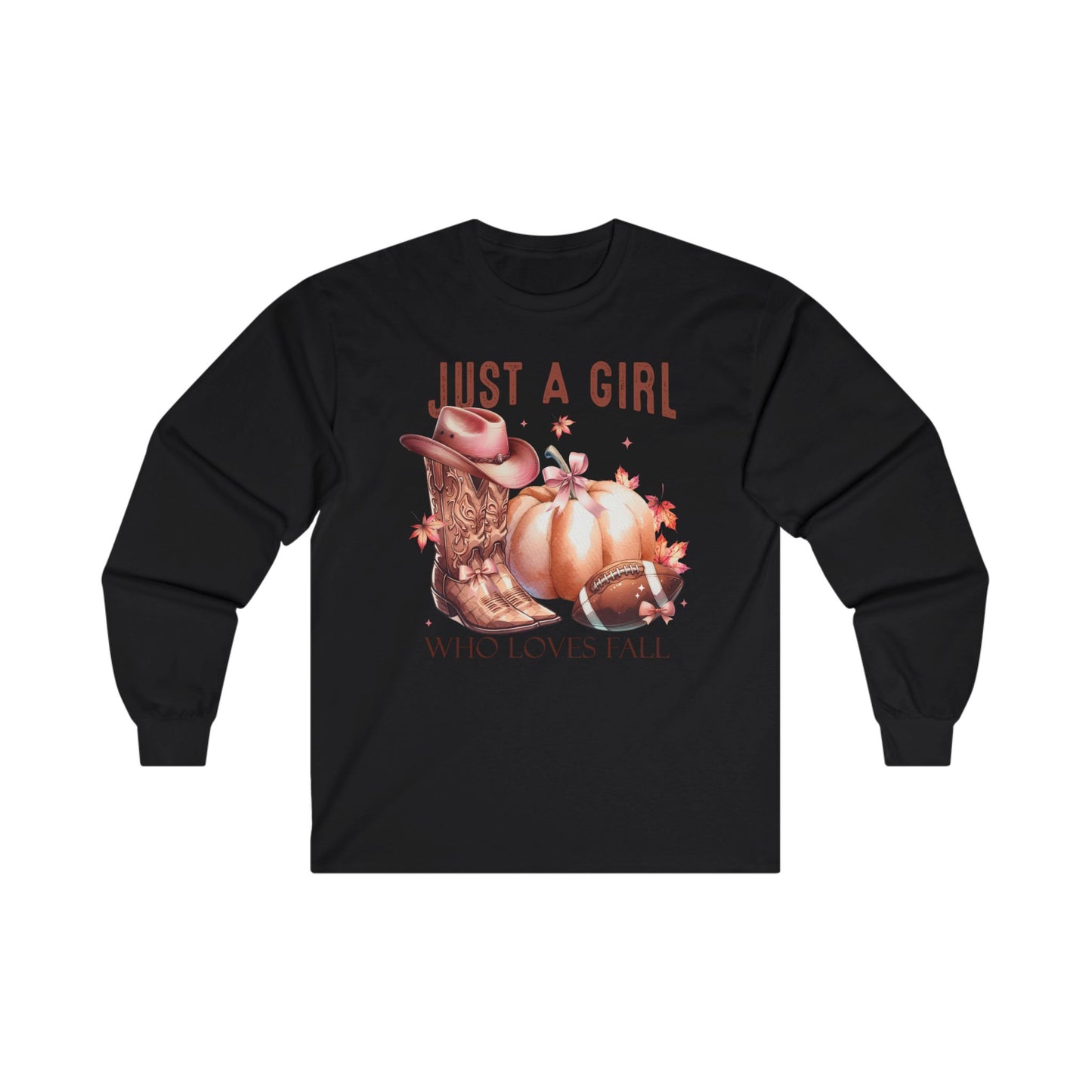 Country Football Love Fall Shirt Cowboy Boots Hat Pumpkin Bow Just a Girl Who Loves Fall Gift Long Sleeve T-Shirt