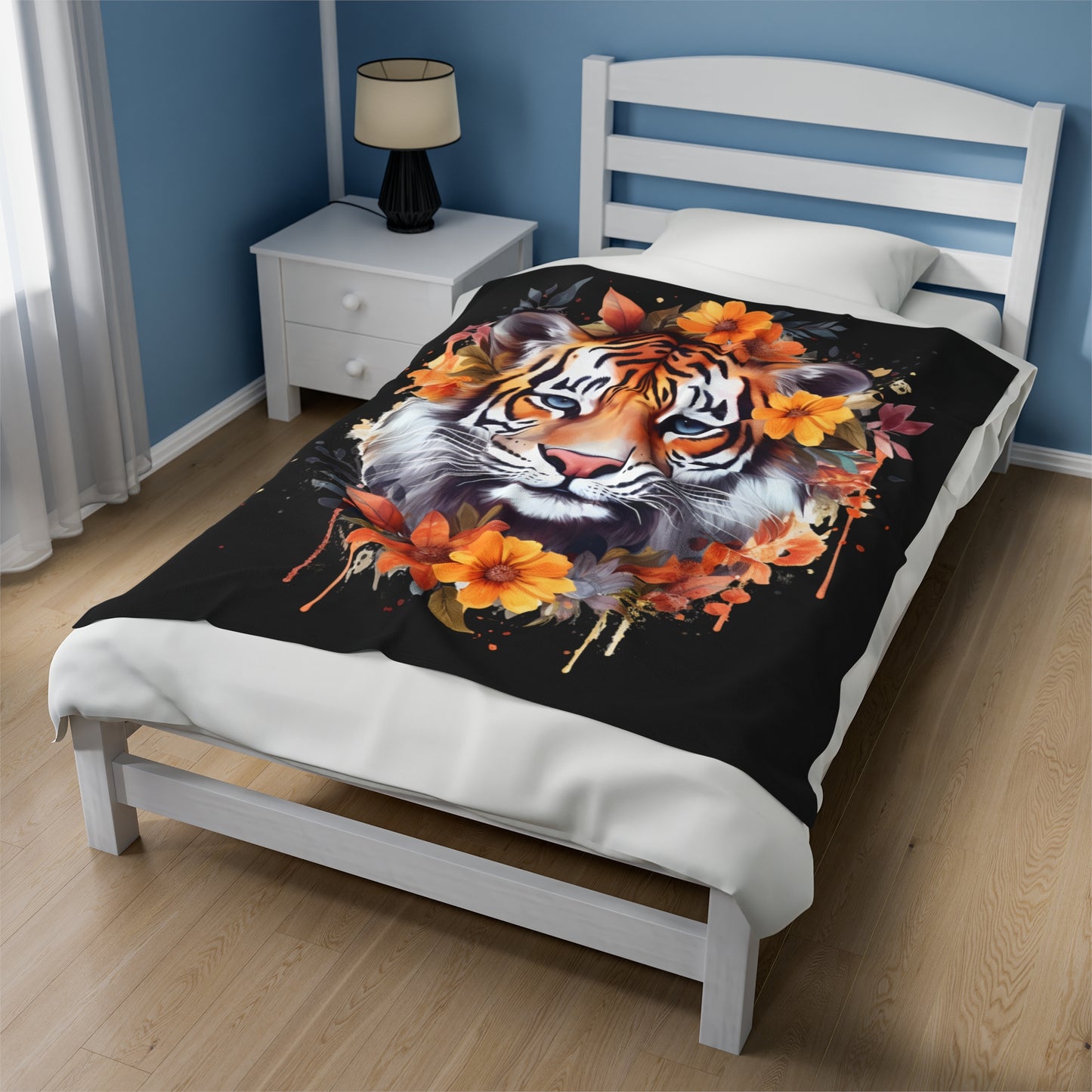 Tiger Head with Flowers Blanket