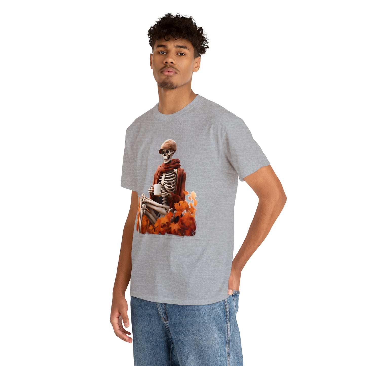 Skeleton in Fedora Sitting With Fall Leaves Halloween Short Sleeve Tee