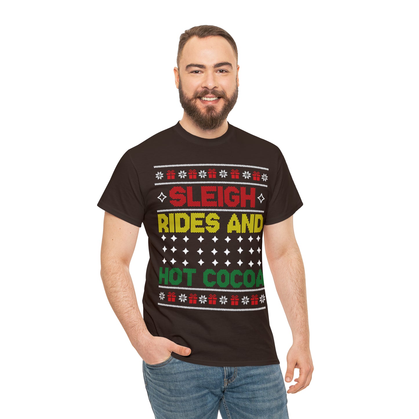 Sleigh Rides and Hot Cocoa Christmas Ugly Sweater Short Sleeve Tee