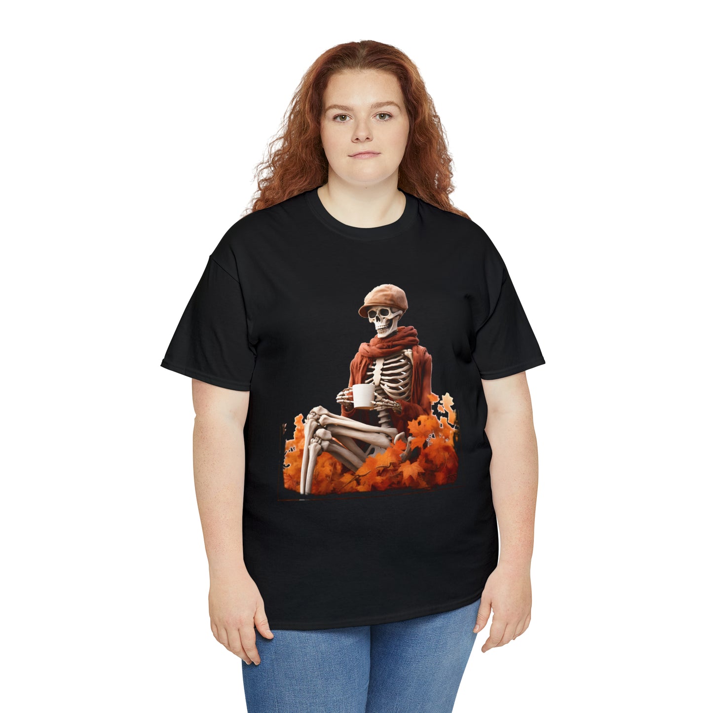 Skeleton in Fedora Sitting With Fall Leaves Halloween Short Sleeve Tee