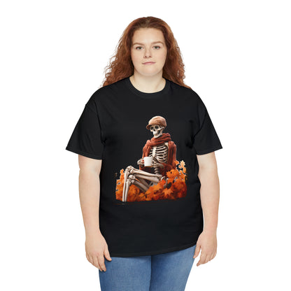 Skeleton in Fedora Sitting With Fall Leaves Halloween Short Sleeve Tee