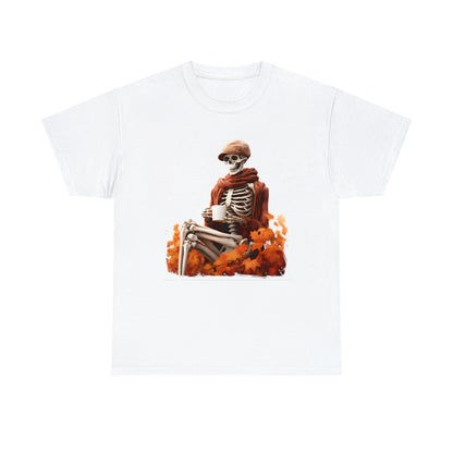 Skeleton in Fedora Sitting With Fall Leaves Halloween Short Sleeve Tee