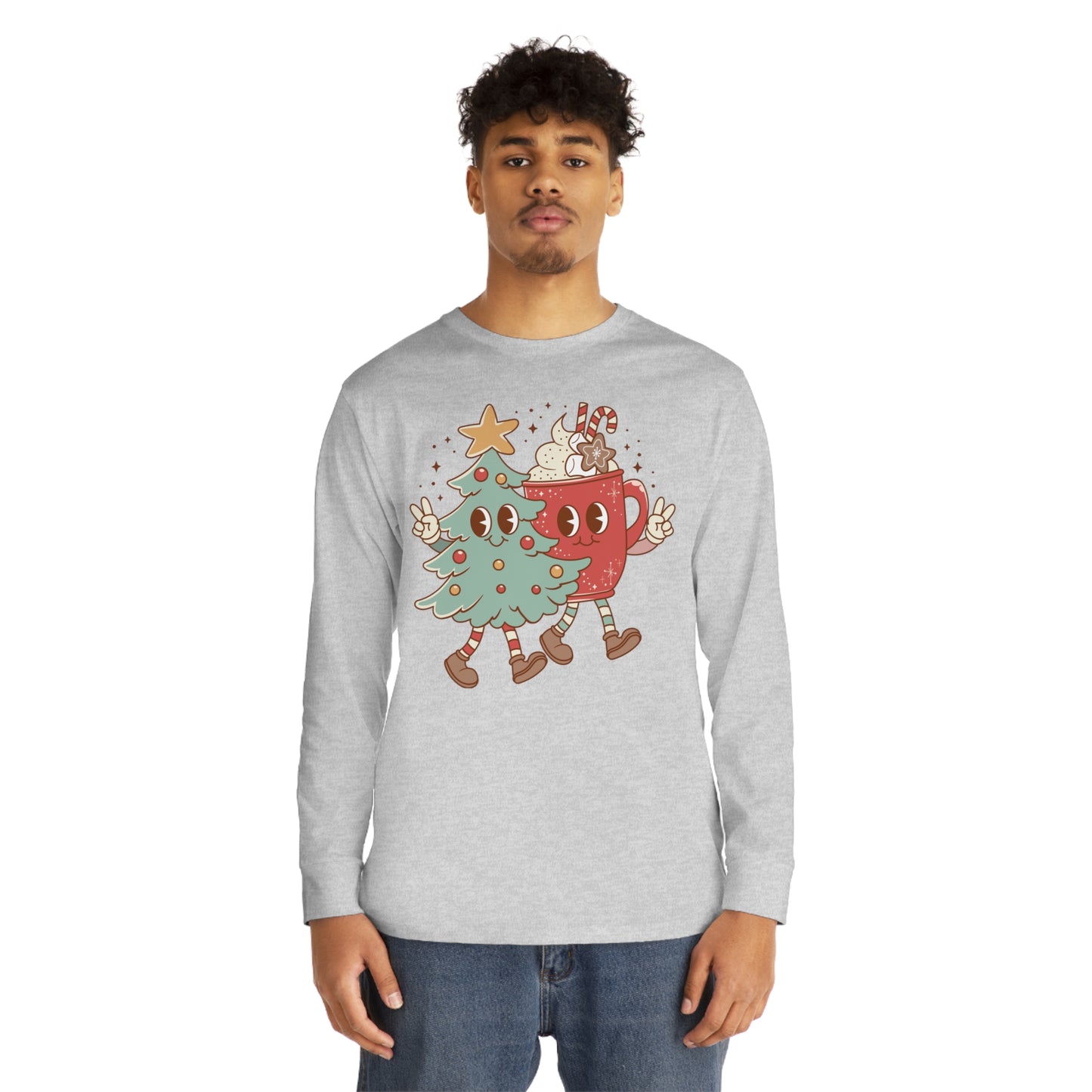 Retro Christmas Tree and Hot Cocoa Christmas Long Sleeve Tee