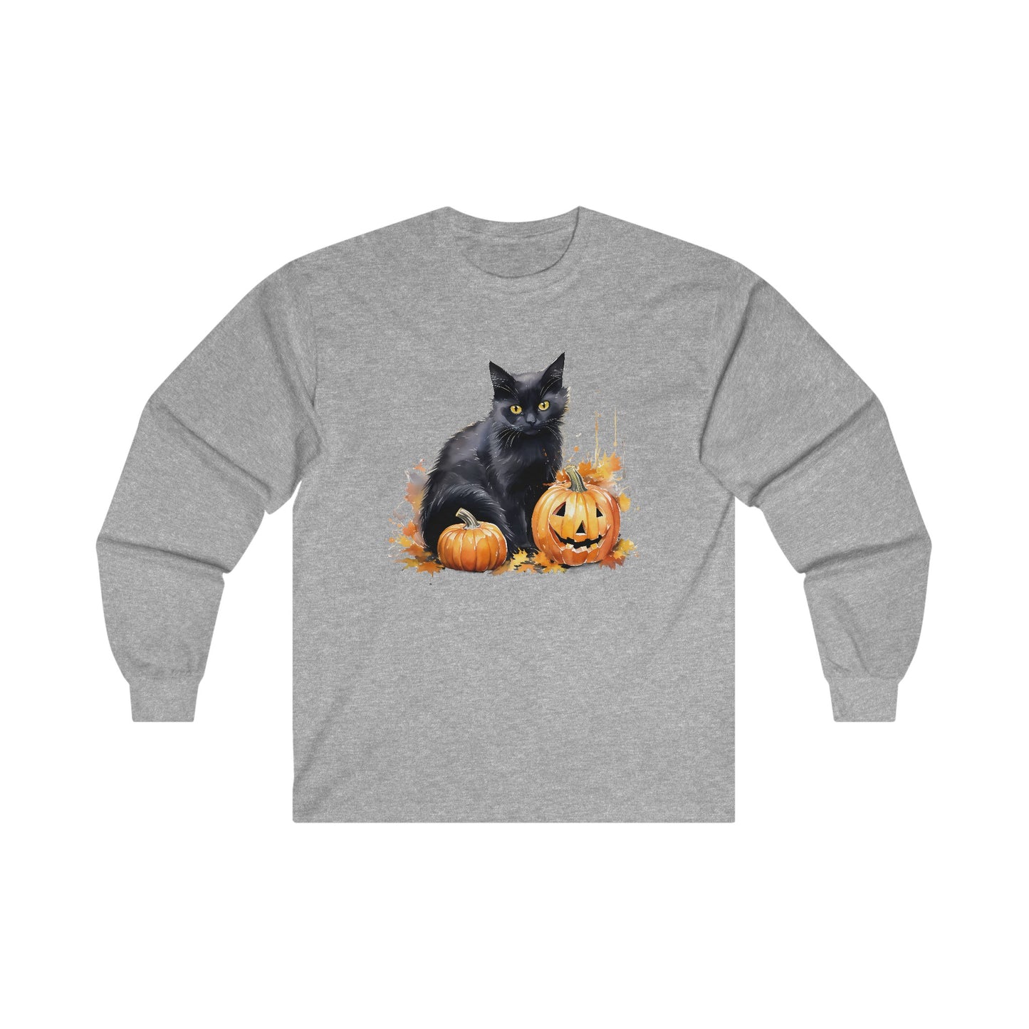 Black Cat with Pumpkin Halloween Long Sleeve Tee