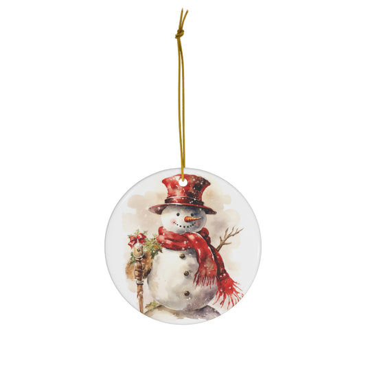 Snowman in Red Christmas Ceramic Ornament